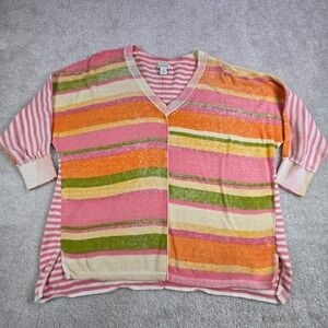 Sundance Striped‎ V Neck Sweater Loose Fit Women L Pink Orange Green Cotton